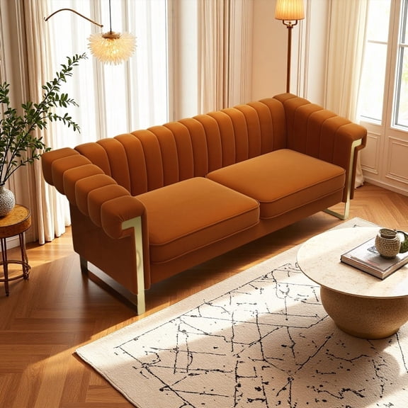 Luxurious Orange Chesterfield 3-Seater Velvet Sofa - Deep Seating & Metal Trim Accents