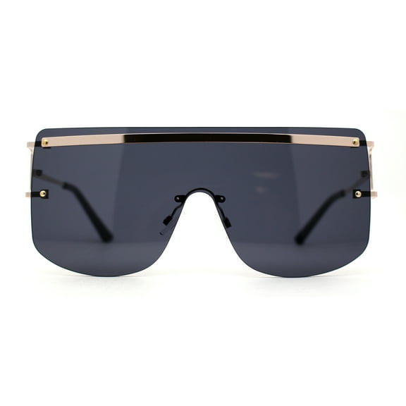 Luxurious Oversize Rimless Shield Flat Top Mobster Sunglasses Gold Black