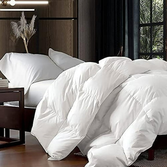 Luxurious Oversized Super King 120" x 120" Size Goose Down Fiber Waterfowl Feather Fiber Comforter Duvet, 100% Egyptian Cotton Cover, 90 oz. Fill Weight, Baffle Box Design, White Solid