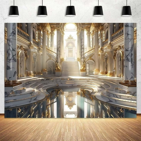 Luxurious Palace Hall Backdrop Retro Golden Grand Castle Luxurious Chandelier Staircase European Paris Interior Background for Wedding Birthday Party Ceremony Photo Booth Props