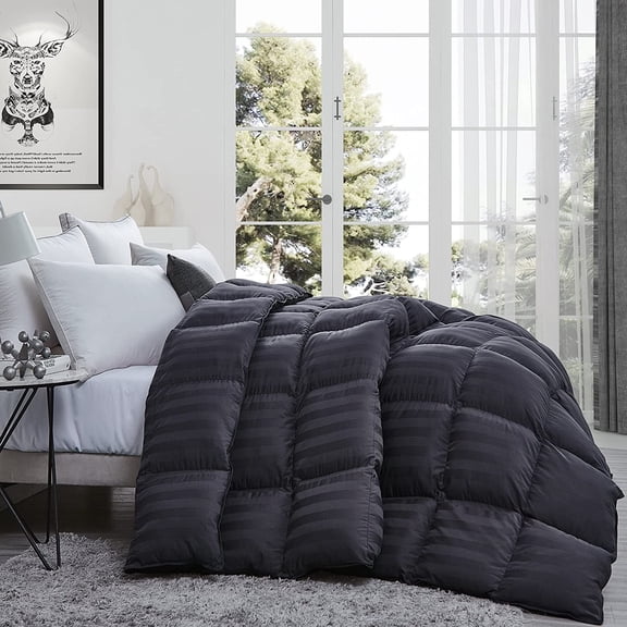 Luxurious Palatial King Size Goose Down Feather Fiber Comforter Duvet Insert, 100% Egyptian Cotton Cover, 90 oz. Fill Weight Comforter (Palatial King, Gray Stripe)