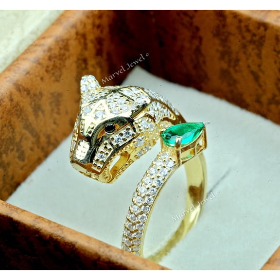 Luxurious Panther Diamond Ring, Open Cuff Animal Ring, Pear Shape Green Emerald Ring, 14K Yellow Gold Plated, 2.2 Ct Simulated Diamond, Hip Hop Party Wear Ring