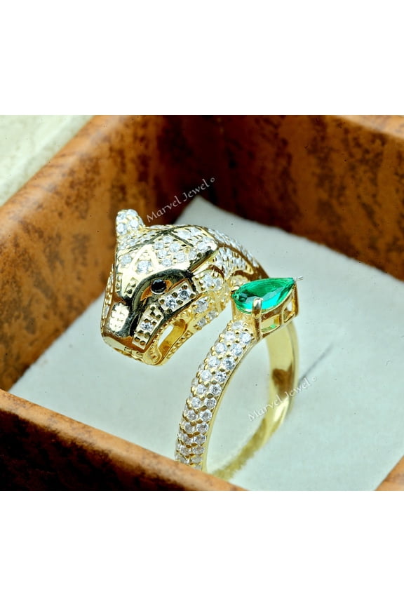 Luxurious Panther Diamond Ring, Open Cuff Animal Ring, Pear Shape Green Emerald Ring, 14K Yellow Gold Plated, 2.2 Ct Simulated Diamond, Hip Hop Party Wear Ring