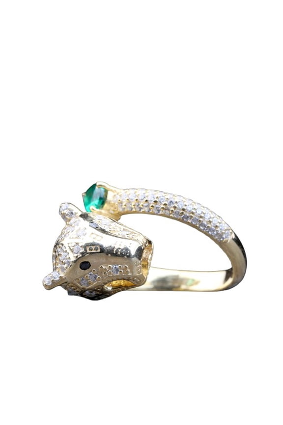 Luxurious Panther Diamond Ring, Open Cuff Animal Ring, Pear Shape Green Emerald Ring, 14K Yellow Gold Plated, 2.2 Ct Simulated Diamond, Hip Hop Party Wear Ring