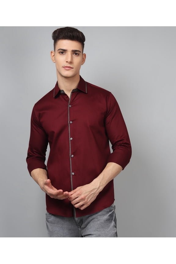 Luxurious Partywear Premium Wine Red Cotton Casual Solid Men's Shirt, Sizes XL