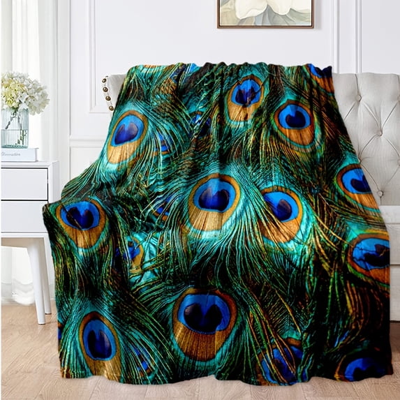 Luxurious Peacock Eye Flannel Throw Blanket – Vibrant, Colorful Nature-Inspired Design, Tear-Resistant, All-Season Comfort, Perfect for Bedroom or Living Room Decor