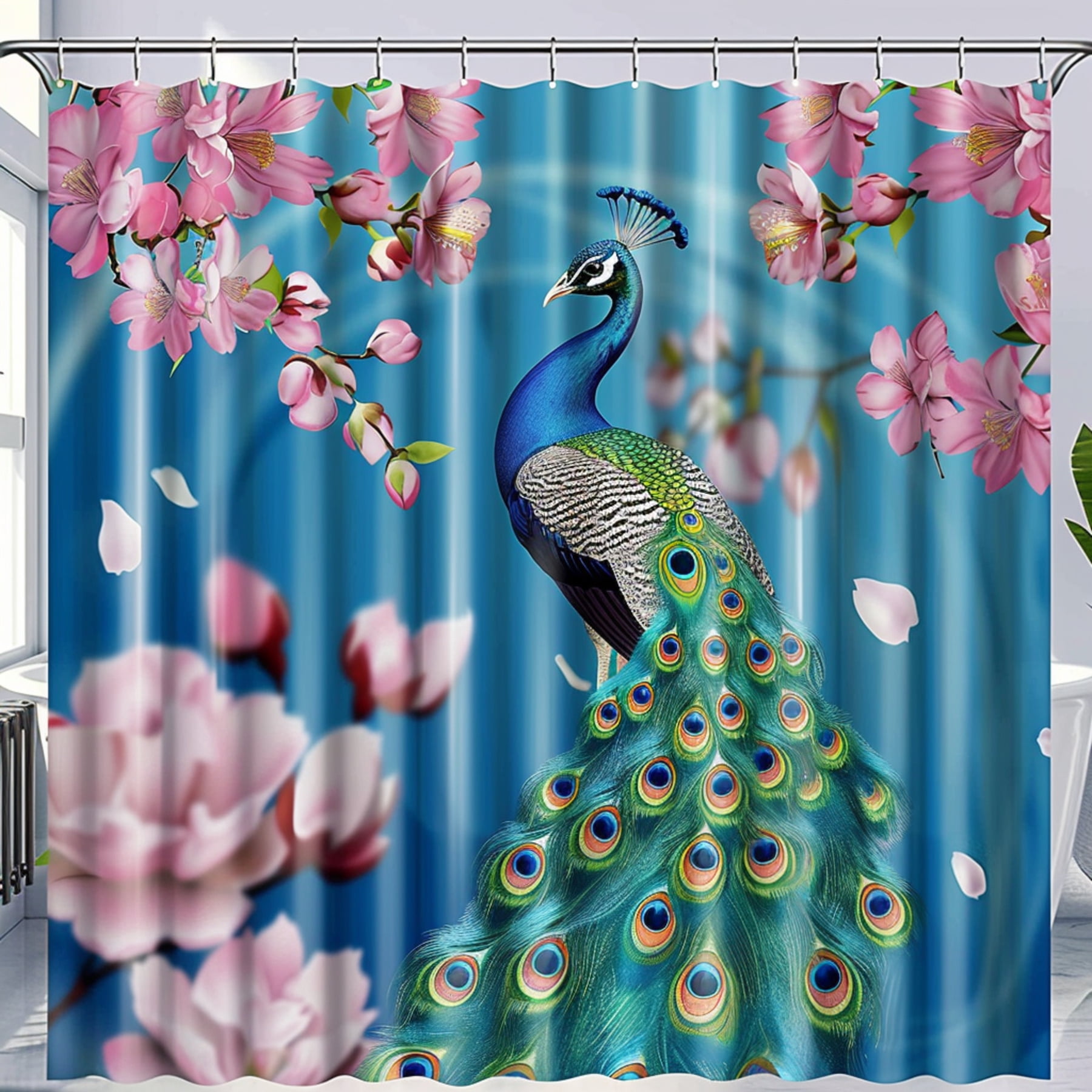 Luxurious Peacock and Cherry Blossom Shower Curtain Vibrant Blue Floral