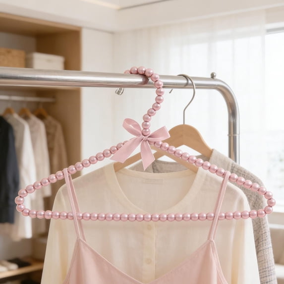 Luxurious Pearl Clothes Hanger with Bow Design, Elegant Hanger for Wedding Dress and Evening Gown, Princess Style Wardrobe Hanger, Sturdy Clothing Support for Closet Organization, Pink