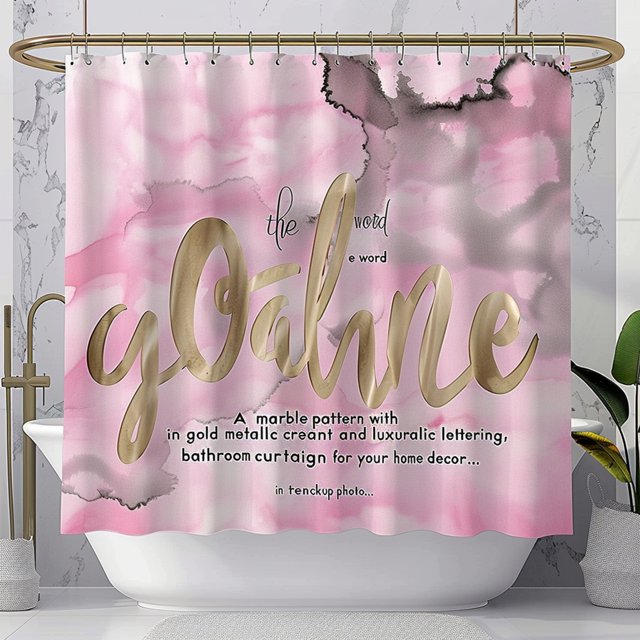 Luxurious Pink Marble Ohana Shower Curtain with Gold Metallic Lettering