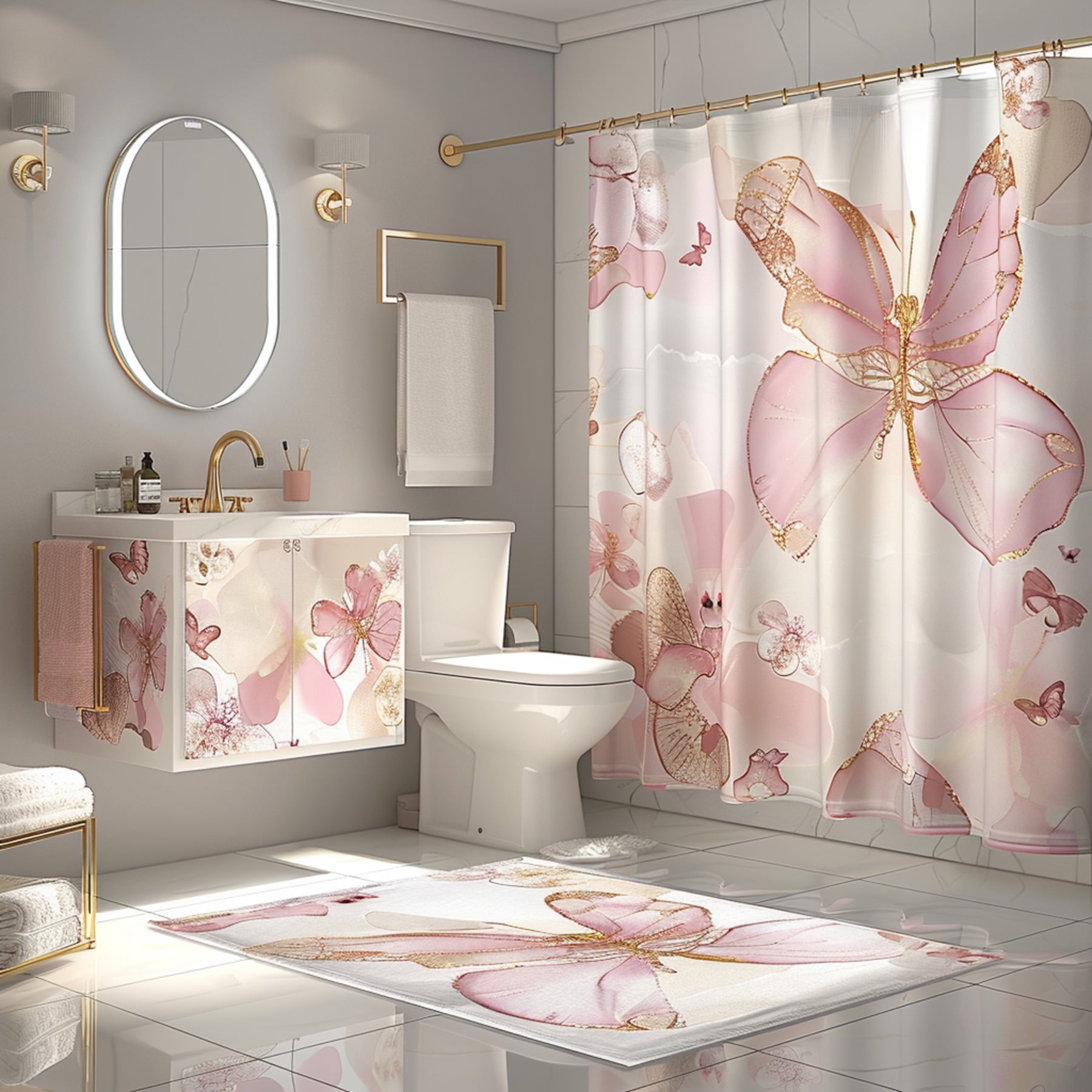 Luxurious Pink and Gold Butterfly Bathroom Set with Velvet Curtain ...