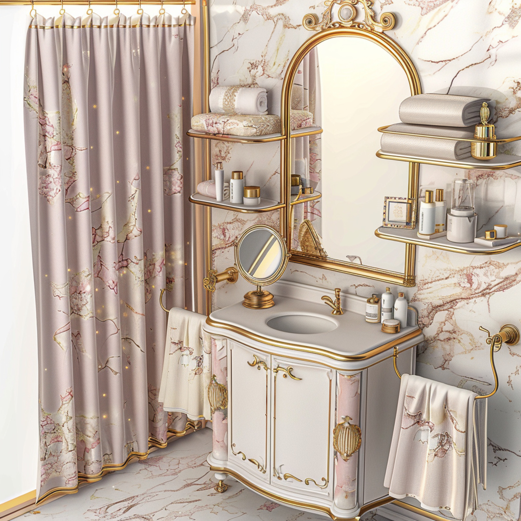 Luxurious Pink and Gold Marble Shower Curtain with Elegant Patterns