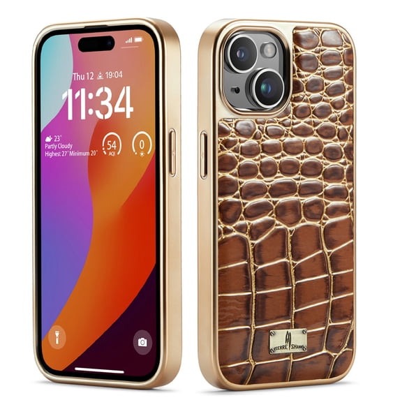 Luxurious Plating Case for iPhone 15 Pro Max, Business Crocodile Pattern Premium PU Leather Full Coverage Protective Basic Electroplated Bumper Phone Case Cover for iPhone 15 Pro Max - Brown
