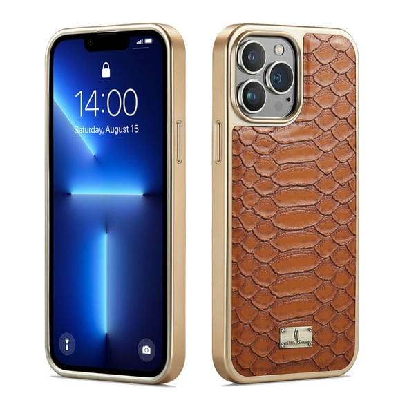 Luxurious Plating Case for iPhone 16 Pro, Snake Crocodile Texture Pattern Premium PU Leather Full Coverage Protective Basic Bumper Phone Case Cover for iPhone 16 Pro - Brown