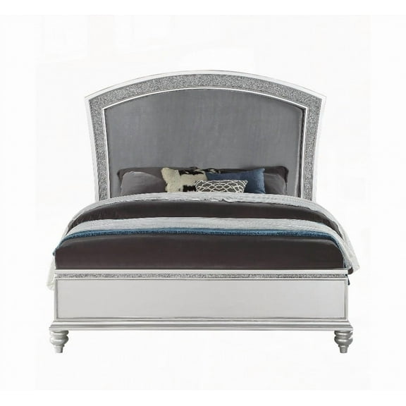 Maverick Fabric CAL. King Bed in Platinum Finish, Adorned with Rhinestone and Stable Legs