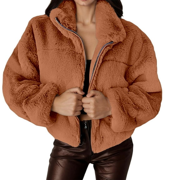 Luxurious Plus Size Faux Jacket Winter Warm Zip Up Coat Soft Fleece Outerwear For Fashionable Elegant Casual Outfit-Brown-XXXL