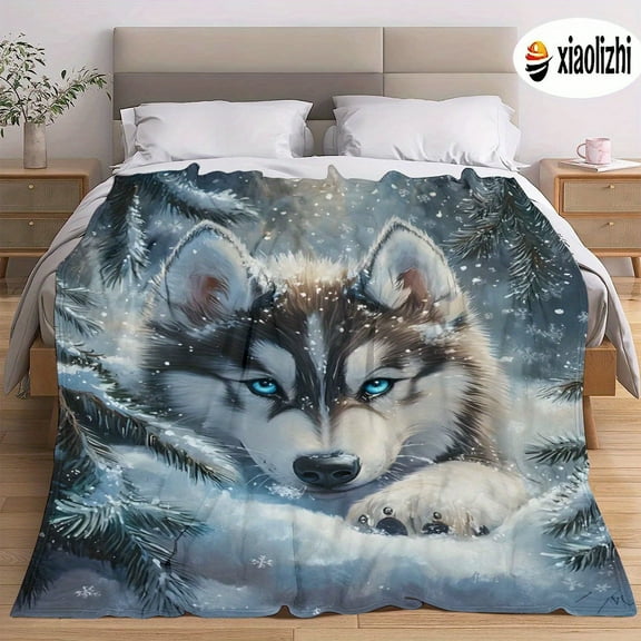 Luxurious Plush Wolf in Snow Flannel Blanket Ultra-Soft Warm Throw with Vivid Winter Design for Bed Travel Camping Living Room Office Sofa & Chair