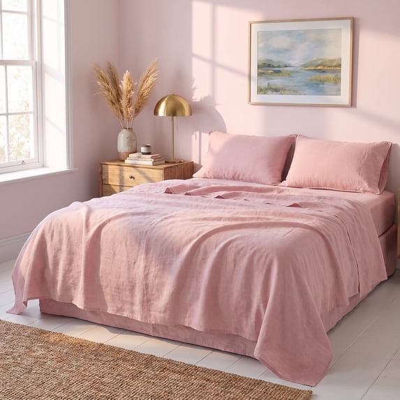 Luxurious Pure French Linen Sheets set 1 Fitted Sheet 1 Flat Sheet 2 Pillowcases - Full Size Pink