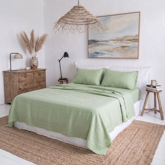 Luxurious Pure French Linen Sheets set 1 Fitted Sheet 1 Flat Sheet 2 Pillowcases - Full Size Sage