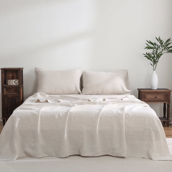 Luxurious Pure French Linen Sheets set 1 Fitted Sheet 1 Flat Sheet 2 Pillowcases - Queen Size Natural