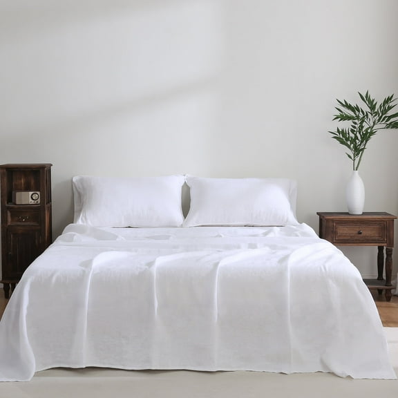 Luxurious Pure French Linen Sheets set 1 Fitted Sheet 1 Flat Sheet 2 Pillowcases - Queen Size White