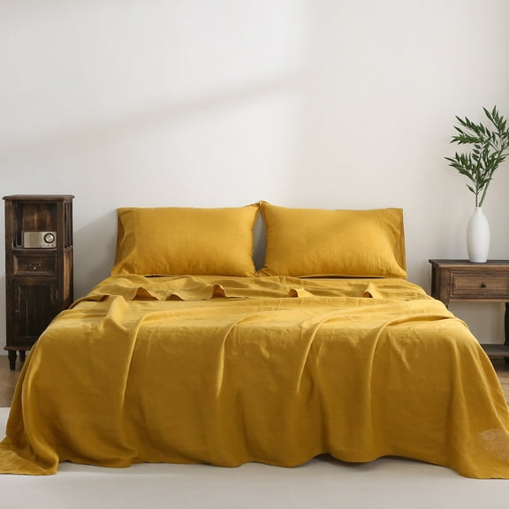 Luxurious Pure French Linen Sheets set 1 Fitted Sheet 1 Flat Sheet 2 Pillowcases - Queen Size Yellow