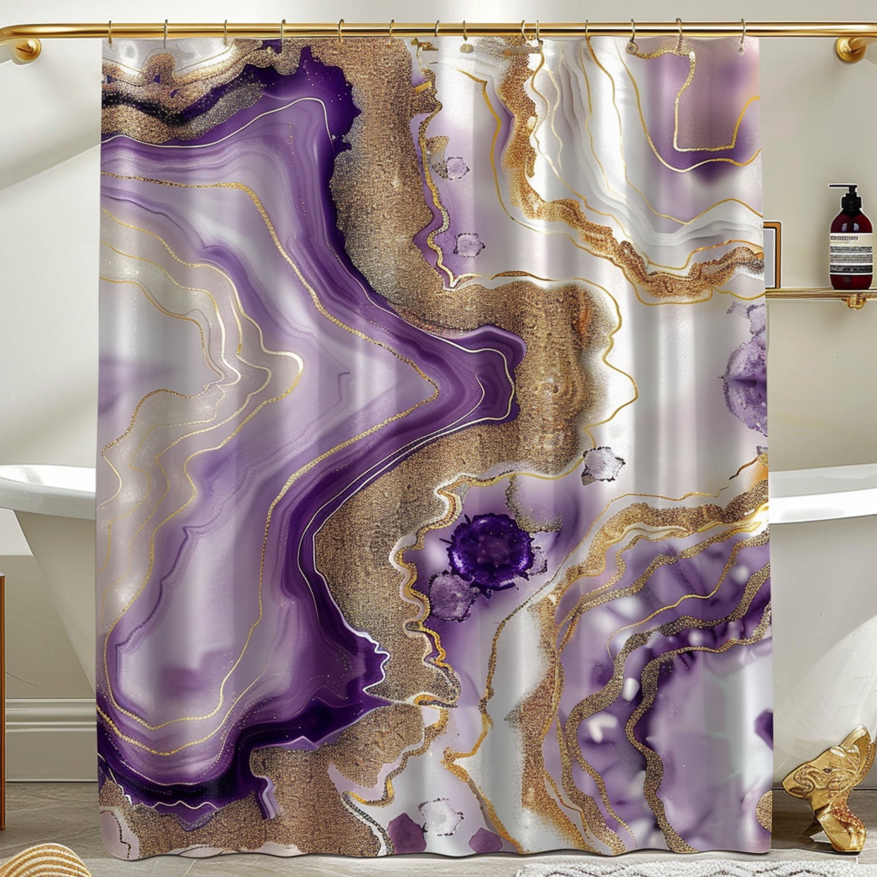Luxurious Purple and Gold Marble Geode Shower Curtain Elegant White Tub