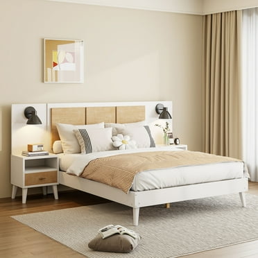 Luxurious Queen Platform Bed Frame, Solid Wood Headboard with 2 Built-in Wall Sconces & Nightstands, 3-Piece Set Queen Bed Frame for Living Room, White