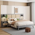 thumbnail image 1 of Luxurious Queen Platform Bed Frame, Solid Wood Headboard with 2 Built-in Wall Sconces & Nightstands, 3-Piece Set Queen Bed Frame for Living Room, Gray, 1 of 9