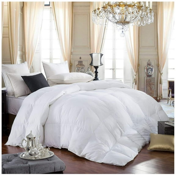 Luxurious Queen Size Siberian Goose Down Comforter, 600 Thread Count 100% Egyptian Cotton Cover, Solid White Color, 60 Oz Fill Weight, All Season Down Comforter