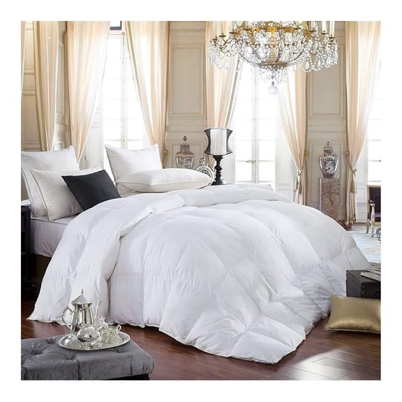 Luxurious Queen Size Siberian Goose Down Comforter, 600 Thread Count 100% Egyptian Cotton Cover, Solid White Color, 60 Oz Fill Weight, All Season Down Comforter