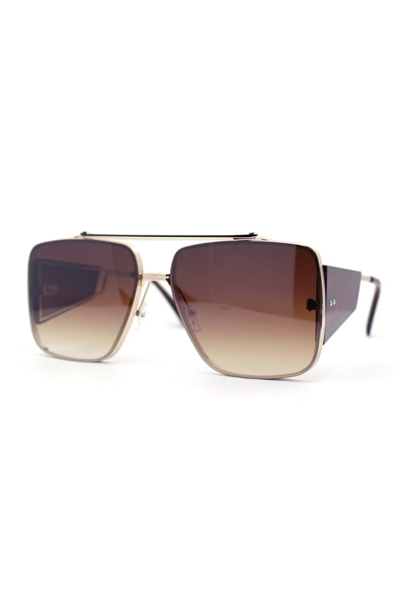 Luxurious Rectangle Flat Top Bridge Racer Metal Rim Officer Sunglasses Gold Brown
