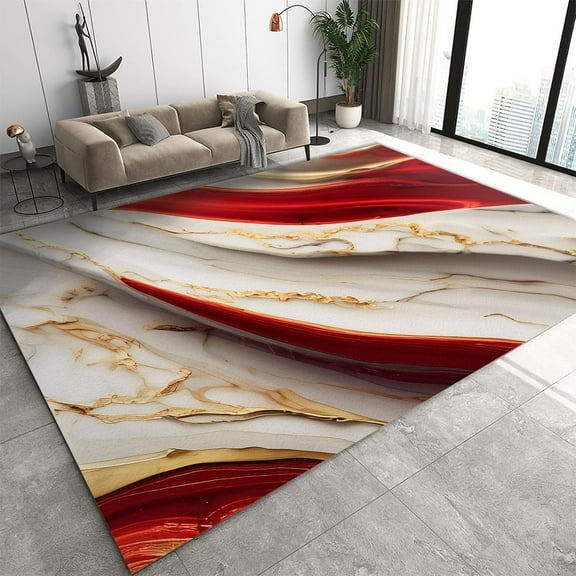 Luxurious Red Gold Marble Area Rug, Modern Fashion Creativity Small Rugs, Washable Breathable Carpet for Front Entrance Floor Decor 4' x 8'