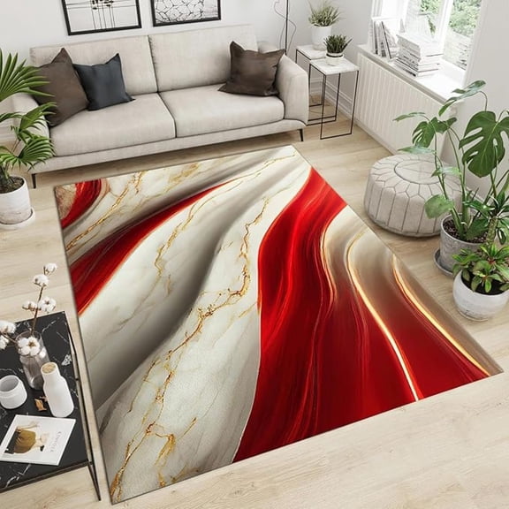 Luxurious Red Gold Marble Area Rug, Nordic White Jade Marble Non Slip Noise Reduction Large Area Rugs, Easy Care Durable Carpet For Indoor Living Room Bedroom Office Decor Mat 5x8ft