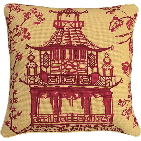 Luxurious Red Pagoda Chinoiserie Needlepoint Pillow