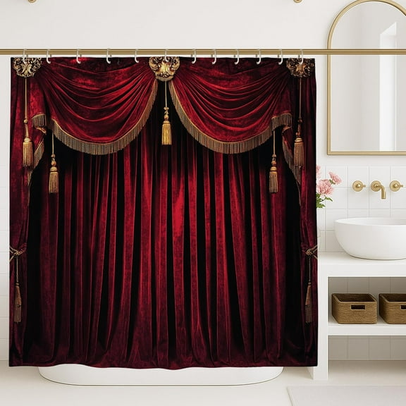 Luxurious Red Shower Curtain, Elegant Theater Stage Bath Curtain, Vintage Holiday Bathroom Decor, Waterproof Polyester Fabric with Hooks 36"W x 72"H