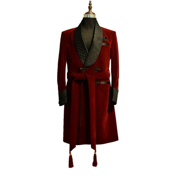 Luxurious Red Velvet Smoking Jacket - Below Knee Dressing Gown & Velvet Dinner Robe