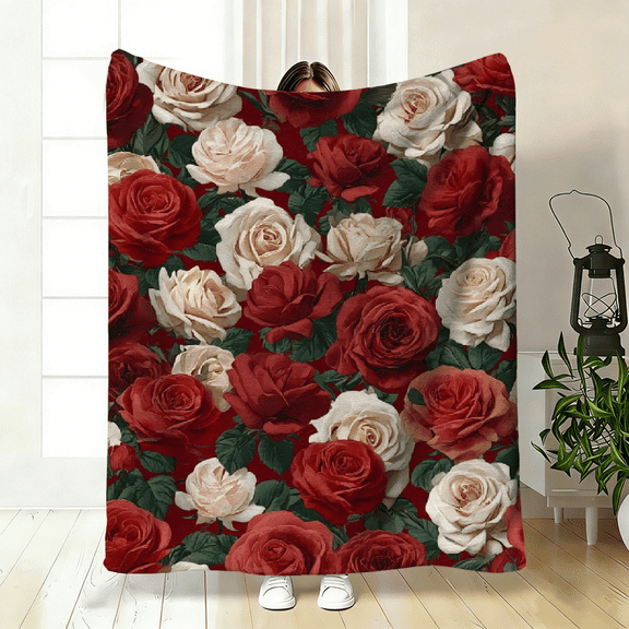 Luxurious Rose Print - Soft, Breathable 100 Polyester, All-Season Cozy Throw with Vibrant Red Roses Green Leaves Design, Perfect Gift for Family Friends, Blanket for Bed