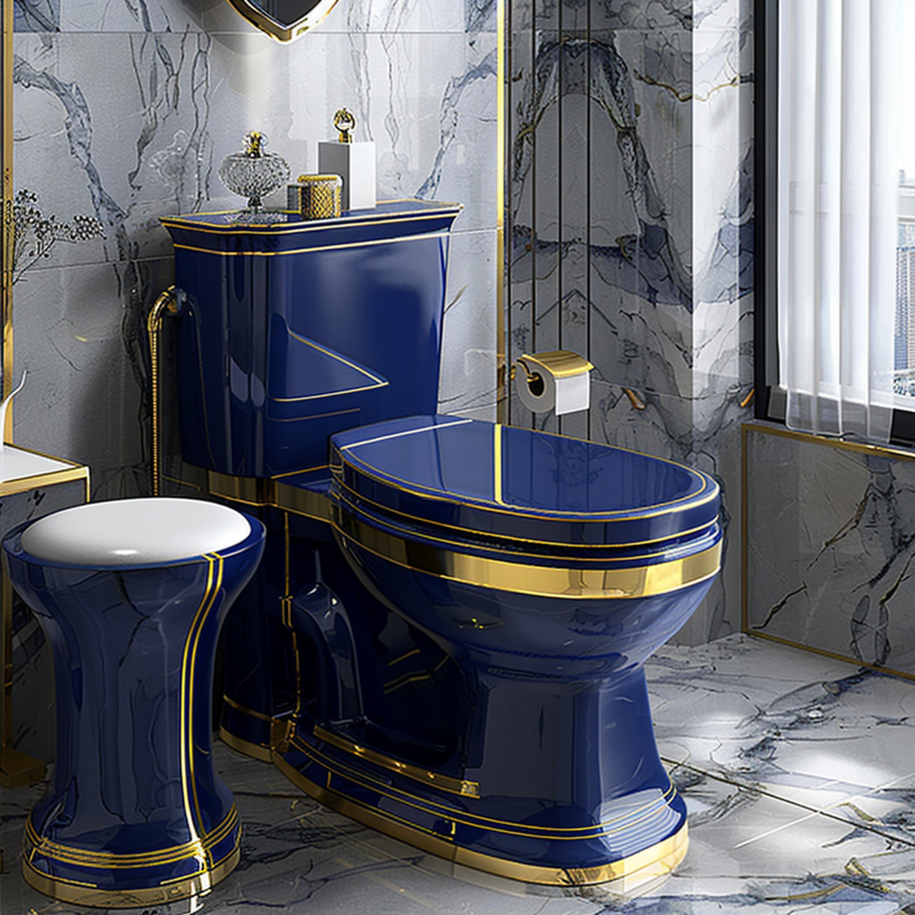 Luxurious Royal Blue and Gold Bathroom with Elegant Design and Grey ...