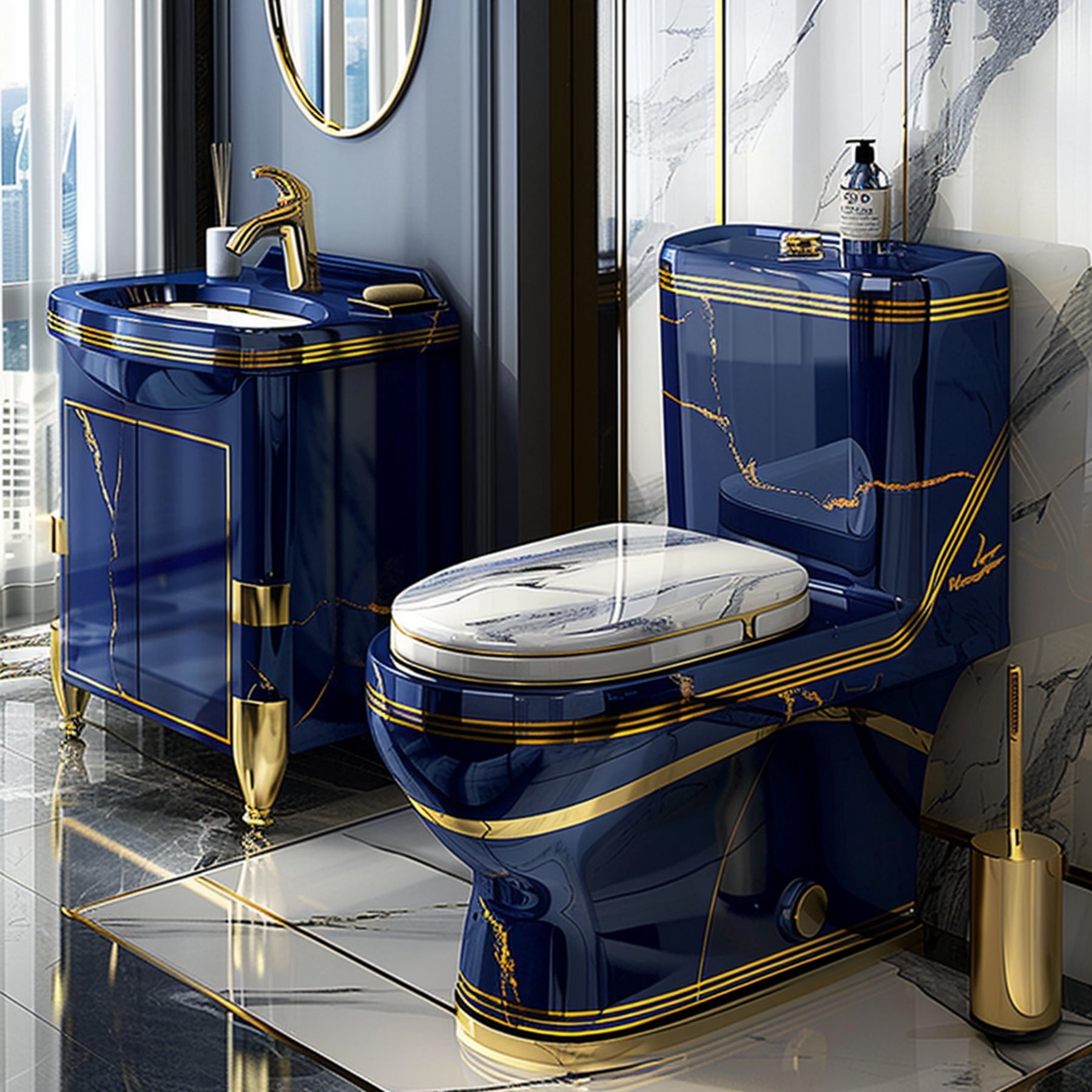 Luxurious Royal Blue and Gold Bathroom Set with Marble Toilet Elegant