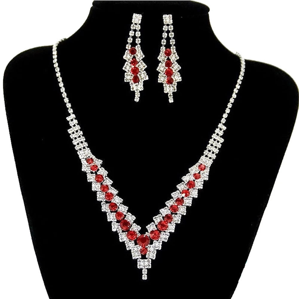 Luxurious Silver Red Crystal VShape Necklace and Earrings Women