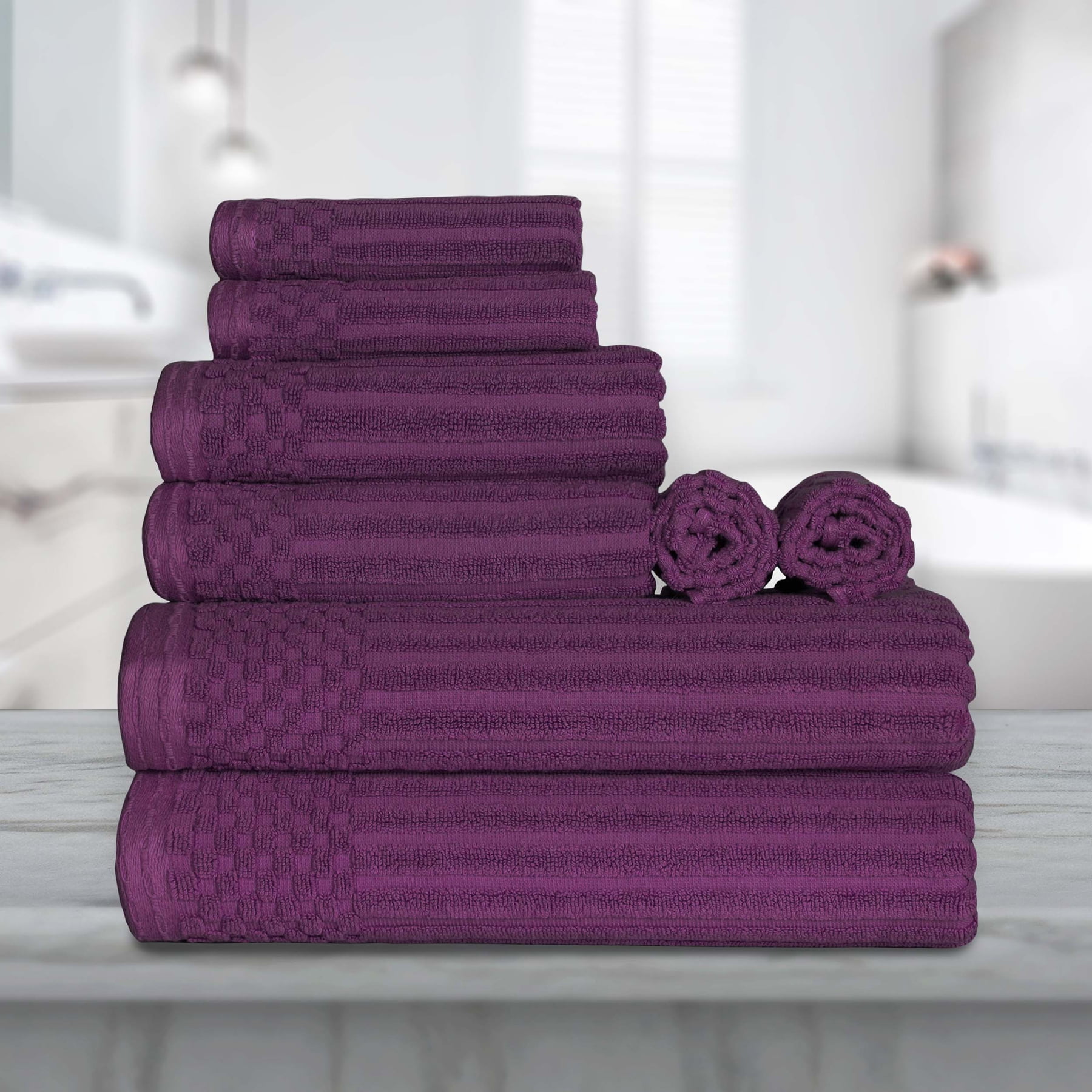 Plum Cotton Ribbed Checkered Border 8-Piece Towel Set