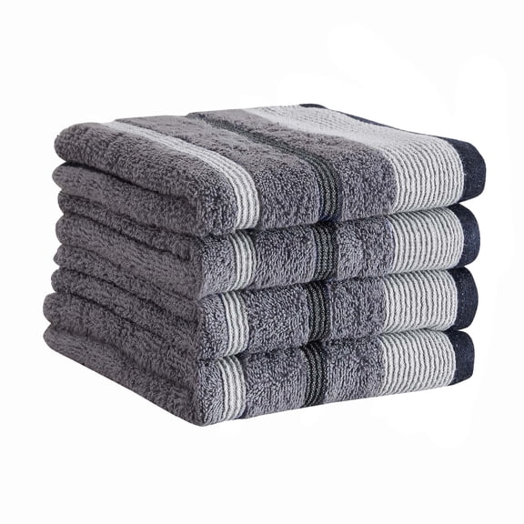Luxurious Soft Cotton Decorative 4 Pack Hand Towel Set, Chambray Blue / White / Navy Blue