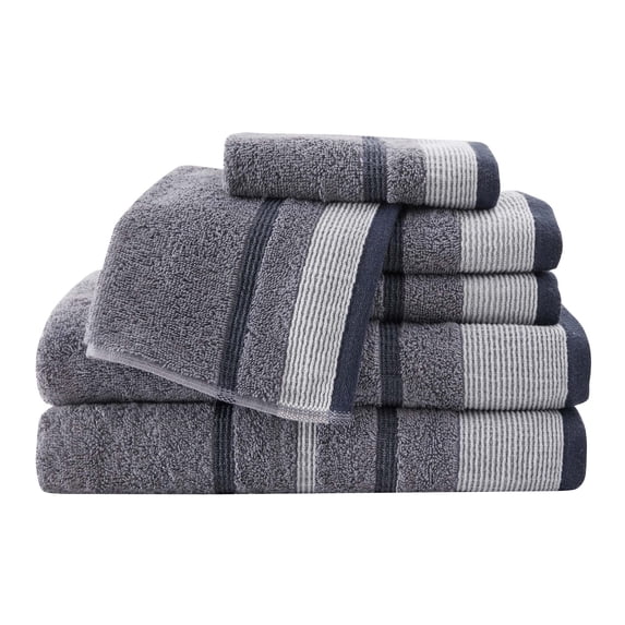 Luxurious Soft Cotton Decorative 6 Piece Towel Set, Chambray Blue / White / Navy Blue.