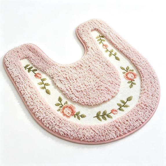 Luxurious Soft Floral Non-Slip Toilet Contour Rug, Contour Bath Rug, Soft Shaggy U-Shaped Toilet Floor Mat for Bathroom 20-By-20 Inch, Mocha Pink