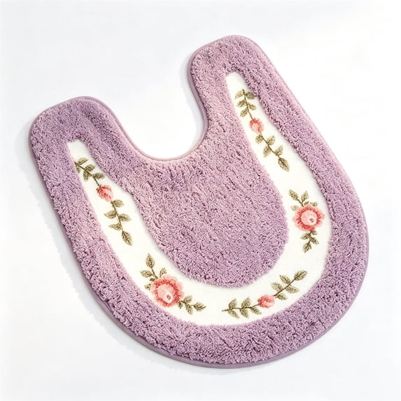 Luxurious Soft Floral Non-Slip Toilet Contour Rug, Contour Bath Rug, Soft Shaggy U-Shaped Toilet Floor Mat for Bathroom 20-By-20 Inch, Mocha Purple