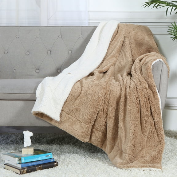 Luxurious Soft Velour Fleece Throw with Super Ultra Soft Faux Fur on backside Blanket 49”x 73” Brown Color