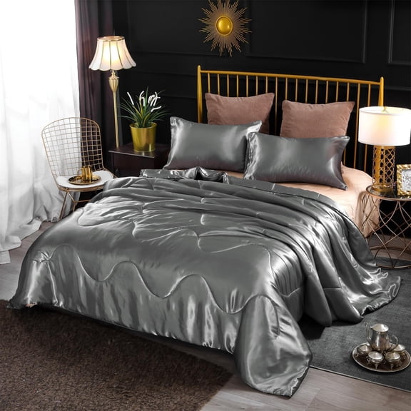 Luxurious Solid Satin Silk Like Comforter Set Ultra Soft Silky Quilt Breathable Bed-in-A-Bag King Size Grey