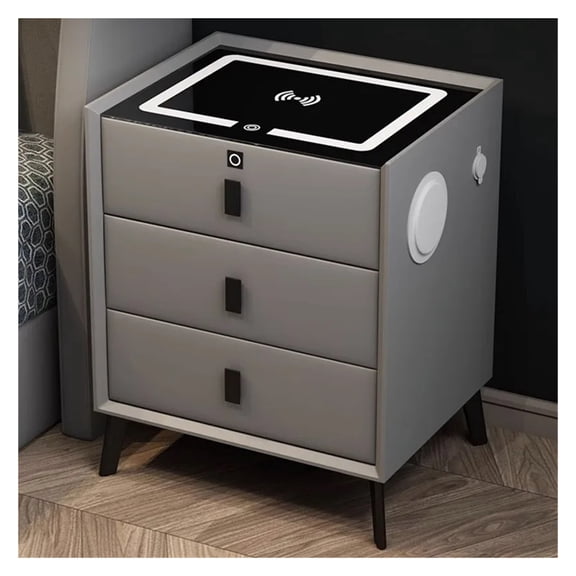 Luxurious Solid Wood Three-Drawer Smart Bedside Table Compact Bedroom Leather Accents Integrated Wireless Charging