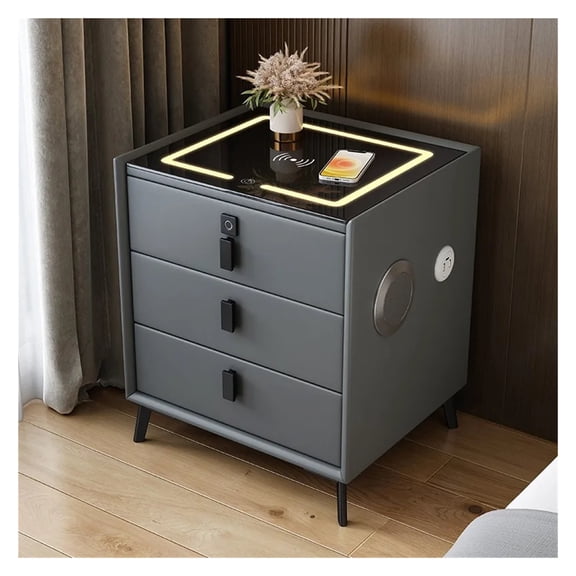 Luxurious Solid Wood Three-Drawer Smart Bedside Table Compact Bedroom Leather Accents Integrated Wireless Charging