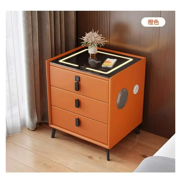 Luxurious Solid Wood Three-Drawer Smart Bedside Table Compact Bedroom Leather Accents Integrated Wireless Charging